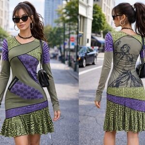 Y2K Patchwork Gypsy-Woman Graphic Dress Pleated Hem S